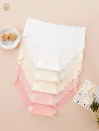 5pcs Women's Low-Rise Briefs With Wavy Hem - Soft Stretchy Fabric, Solid Colors Comfortable Everyday Underwear, Triangle Panties For Casual