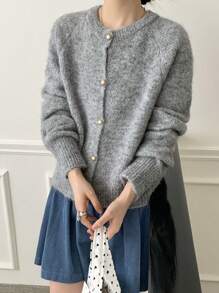 Wixra Soft Solid Color Round Neck Sweater Cardigan, Loose And Cozy Knit