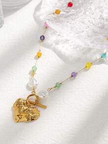 Mazuer 1 件时尚简约叶子设计彩色宝石不锈钢项链，适合女性、日常佩戴、度假、约会、礼物、节日、派对、母亲节 - 金黃色 - 查看 6