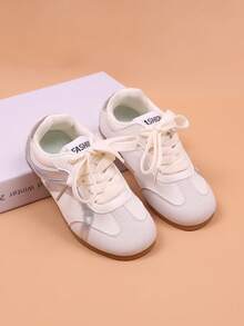 1双时尚、简约、可爱的儿童休闲平底运动鞋，春季 - 米色 - 查看 3