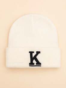 1pc Children's Personalized Design Capital Letter Pattern Embroidered Beanie, Minimalist Solid Color Soft Warm Fashionable Cold-Proof Accessory Knit Hat Suitable For Autumn, Winter Daily Outings, Outdoor Warmth, Student School Use - White - View 12