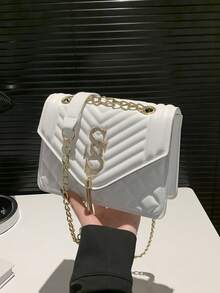 Seam Chain SS Jewelry Square Shoulder Bag Oblique Shoulder Bag - White - View 1