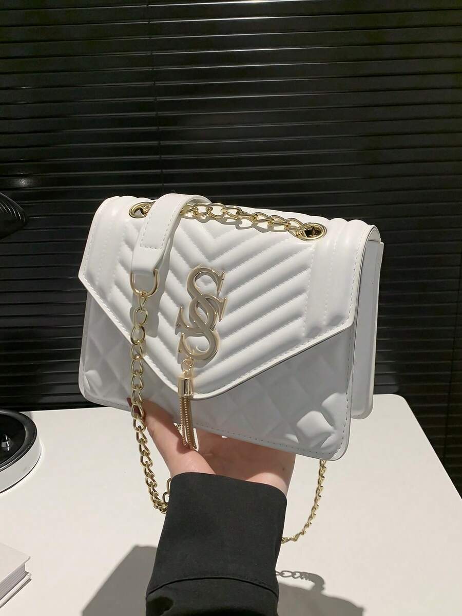 Seam Chain SS Jewelry Square Shoulder Bag Oblique Shoulder Bag - White - View 1