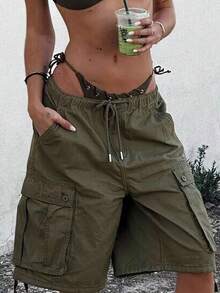 Cargo Shorts For Women Elastic Waist Knee Length  Shorts Summer Outdoor Waterproof Hiking Pants With Pockets - Army Green - View 2