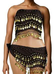 1 件亮片肚皮舞腰带、肚皮舞裙腰带围巾围腰带 - 黑色 - 查看 7