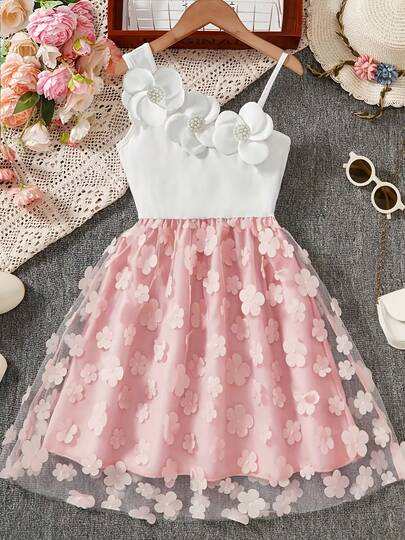 Vestido casual sin mangas de moda para niñas con superposición de malla bordada, decoración de flores de perlas, vestido de fiesta, ropa de vacaciones, estilo escolar para la temporada de regreso a clases