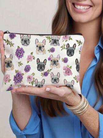 A French Bulldog Print Cosmetic Bag, Zipper Travel Cosmetic Bag, Casual Style, Polyester Material, Hand Washable, Suitable For Travel Or Home Use, Travel Essential Bag, Vacation Summer Vacation Back To School Essential Bag, School Supply Bag, Women's Travel Bag, Travel Cosmetic Bag, Is A Gift For Women. Autumn University Essentials Travel Essentials Holiday Travel Bag For Women Makeup Bag Makeup Organizer
