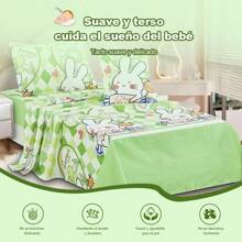 Conjunto de ropa de cama de 4 piezas para niños (hoja de cama y funda-matelas), Conjunto de ropa de cama con diseños caricaturescos para niños y niñas, que incluye: una hoja de cama de 150*230cm + una funda-matelas de 100*200+30cm + una funda de almohada de 50*70cm + una almohada decorativa de 45*45cm - Verde - Ver 4
