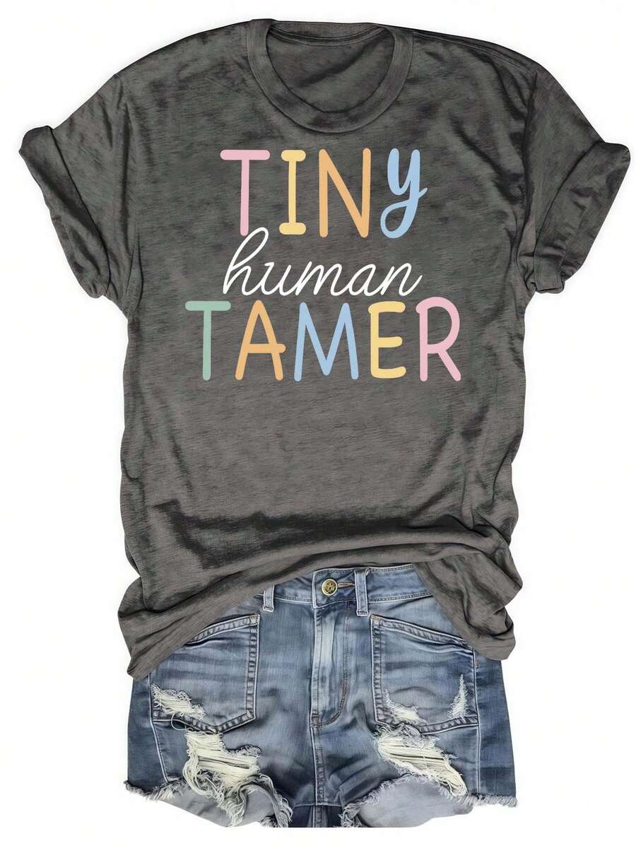 Neon Sign Art Tiny Human Tamer Womens Tshirt Black Grey White - Grey - View 1