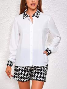 Conjunto 2 piset camisa manga larga puño cuello cuadros botones short pretina elástica a tono elegante diario trabajo fiesta evento día noche primavera verano formal diario - Blanco y Negro - Ver 2