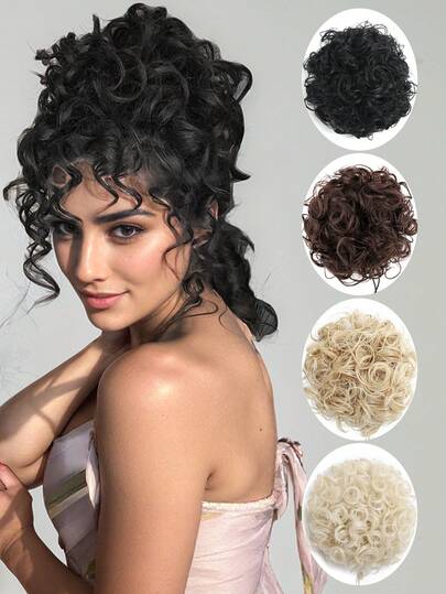 8 Inch Natural Brown Mix Blonde Messy Bun Hair Piece,Loose Wave Curly Hair Buns Hair Piece Elastic Drawstring Messy Bun Short Curly Ponytail Extension Synthetic Hair Extensions Hair Bun For Women Daily Use