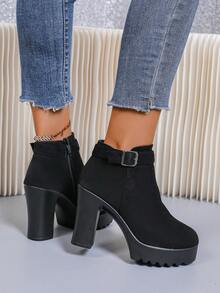 女士新款麂皮厚底粗跟踝靴，侧拉链，圆头，搭扣装饰，时尚舒适（温馨提示：鞋码偏小，请酌情下单），女士厚底高跟鞋 - 黑色 - 查看 7