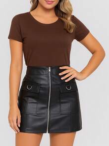 Women's Basic Viscolycra Blouse Round Neck Baby Look Short Sleeve - Rust Brown - View 2