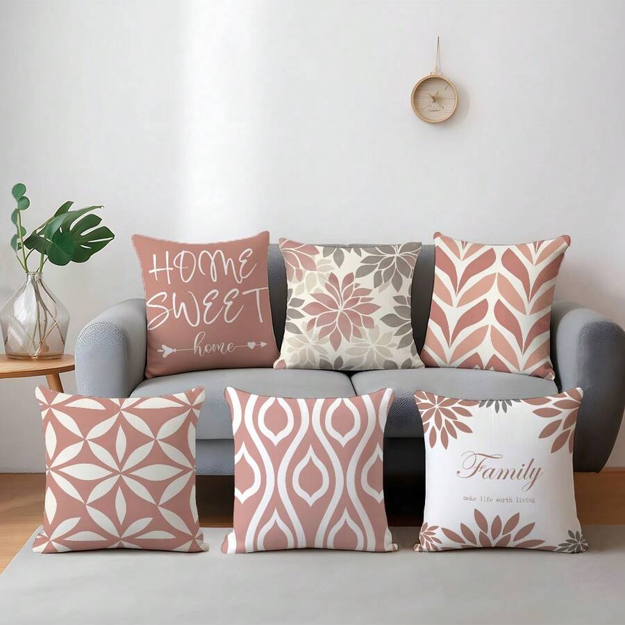 6 vỏ gối hình học màu hồng tối giản hàng ngày "Home Sweet", chất liệu nhung đào mềm mại một mặt, vỏ gối 45*45/50*50/40*40CM dùng để trang trí trong nhà, tiệc tùng, làm quà tặng