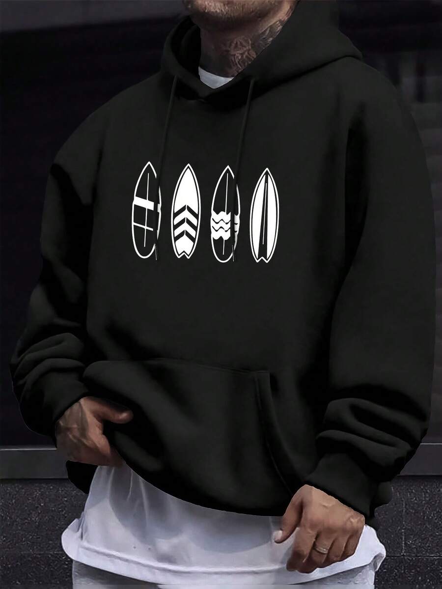Sudadera con capucha para hombres con estampado de tabla de surf - Sudadera informal con bolsillo canguro, tela elástica, lavable a máquina - Para otoño e invierno OFPC - Negro - Ver 1