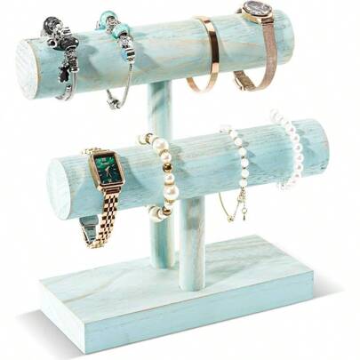 Bracelet Holder Display Bracelet Organizer, Wooden Bracelet Stand For Selling, T - Bar Bangle Storage Rack Wood Watch Display Tower For Business - 2 Tier, Aqua