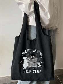 Fashionable Ladies' Handbags With Printed Letters, Books, And Cat Patterns Can Be Used As Y2k Shoulder Bags, Portable Shopping Bags, Halloween Gifts, Reading Week Gifts, Simple Travel Storage Bags, And Multi-Functional Shopping Bags, Suitable For Daily Commuting, Travel, Picnics, Camping, Outdoor, Adventure Or Shopping., Halloween Bags Perfect For Fancy Party Matching With Halloween Costumes - Black - View 3