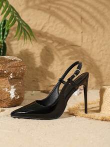 Women's Black Pointed Toe Single-Strap Stiletto High Heels, Elegant & Sophisticated For Wedding, Party, Versatile And Comfortable - Black - View 6