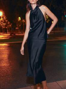 Women Satin Halter Tops Open Back Hidden Button Crop Tops Elegant Cowl Tank Tops Summer Sleeveless Loose Vests Solid Color Going Out Shirt Streetwear - 黑色 - 查看 3