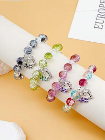 4pcs Fashionable Bohemian Ombre Glass Heart Crystal Bracelet, Birthday/Holiday Gift For Women