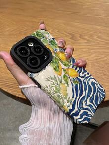1 pieza Funda de teléfono suave y protectora de piel sintética con estampado de rayas verticales, olas y limones en estilo vintage, compatible con Apple 15/15PLUS/15PRO/15PROMAX, resistente al agua, a los golpes y a los arañazos - Multicolor - Ver 5