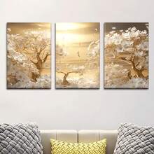 3 件套优雅花卉帆布艺术套装 - 无框，白色花朵和金色色调的风景，适合客厅、办公室、咖啡厅装饰 - 生日、节日、情人节、咖啡厅艺术品装饰装饰品无框艺术品、自然装饰的完美礼物 - 彩色 - 查看 1