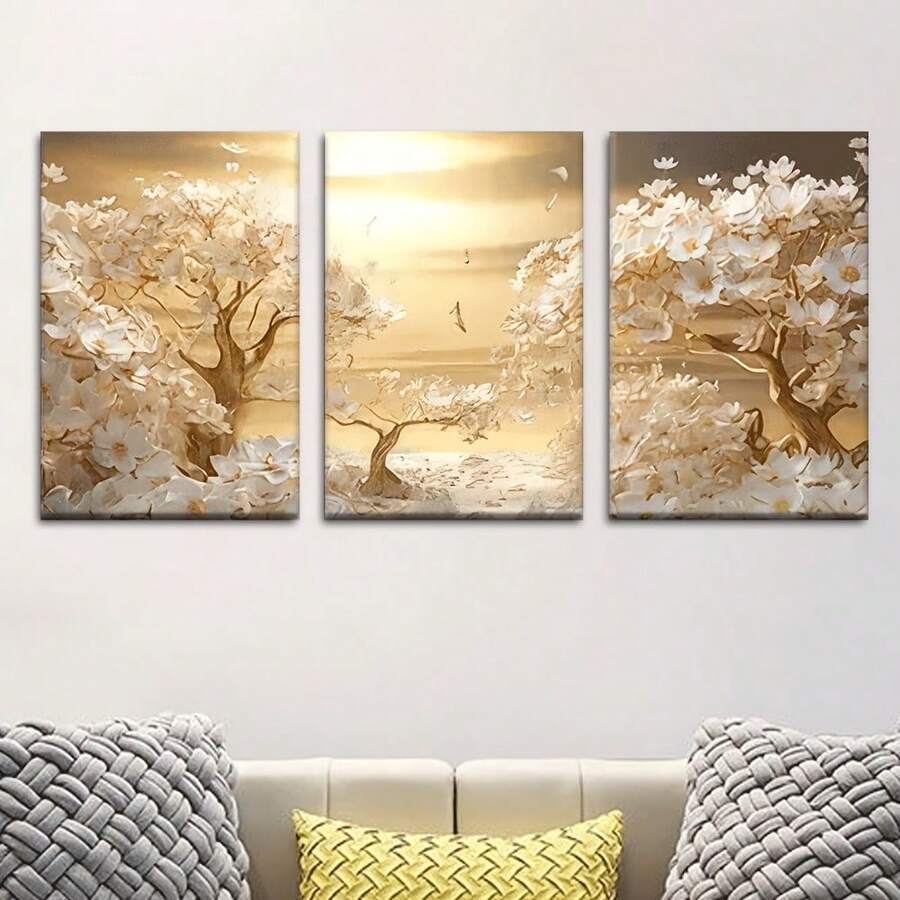 3 件套优雅花卉帆布艺术套装 - 无框，白色花朵和金色色调的风景，适合客厅、办公室、咖啡厅装饰 - 生日、节日、情人节、咖啡厅艺术品装饰装饰品无框艺术品、自然装饰的完美礼物 - 彩色 - 查看 1