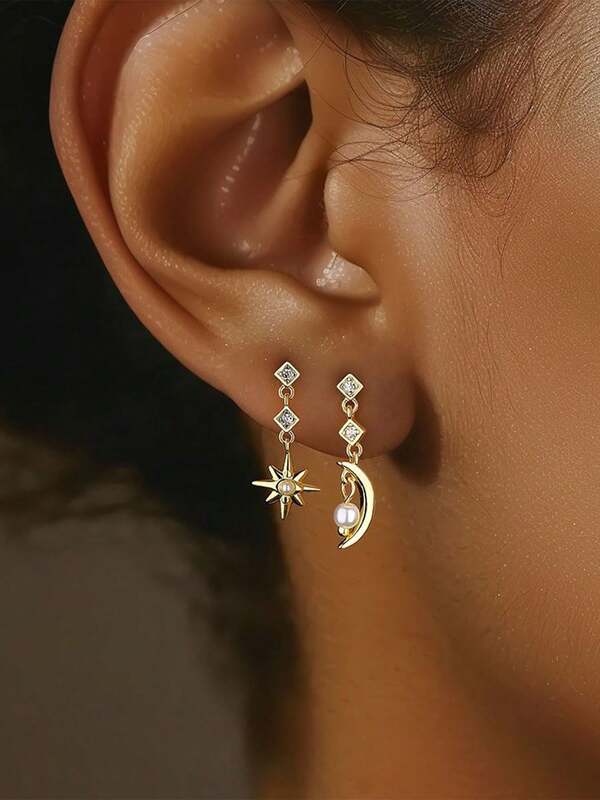 2 Pieces Of Sterling 925 Silver Exquisite Elegant Fashionable Cute Star Moon Faux Pearl Tassel Zirconia Asymmetrical Ear Drops Earrings For Women Daily Wearing Friendship Birthday Jewelry Gift