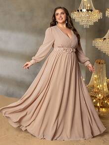 Faeriesty Vestido formal de gasa con mangas farol, escote en V y aplicaciones elegantes para fiestas, bodas, bailes de graduación, eventos de alfombra roja y banquetes de alta gama para tallas grandes