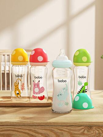 1 pieza Biberón de vidrio para bebé recién nacido de 260ml/8.8oz con tapa de boca ancha con forma de seta