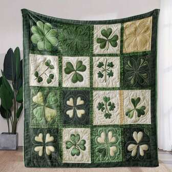 Vintage St. Patrick's Day Clover Patchwork Flannel Blanket – Soft, Cozy Throw With Shamrock Print Patterns In Green & White, Perfect For Sofa, Bed, Car, Office, Camping, And Travel – All-Season Gift, Bed Comfort Accessory | Irish Themed Decor | Polyester Blanket