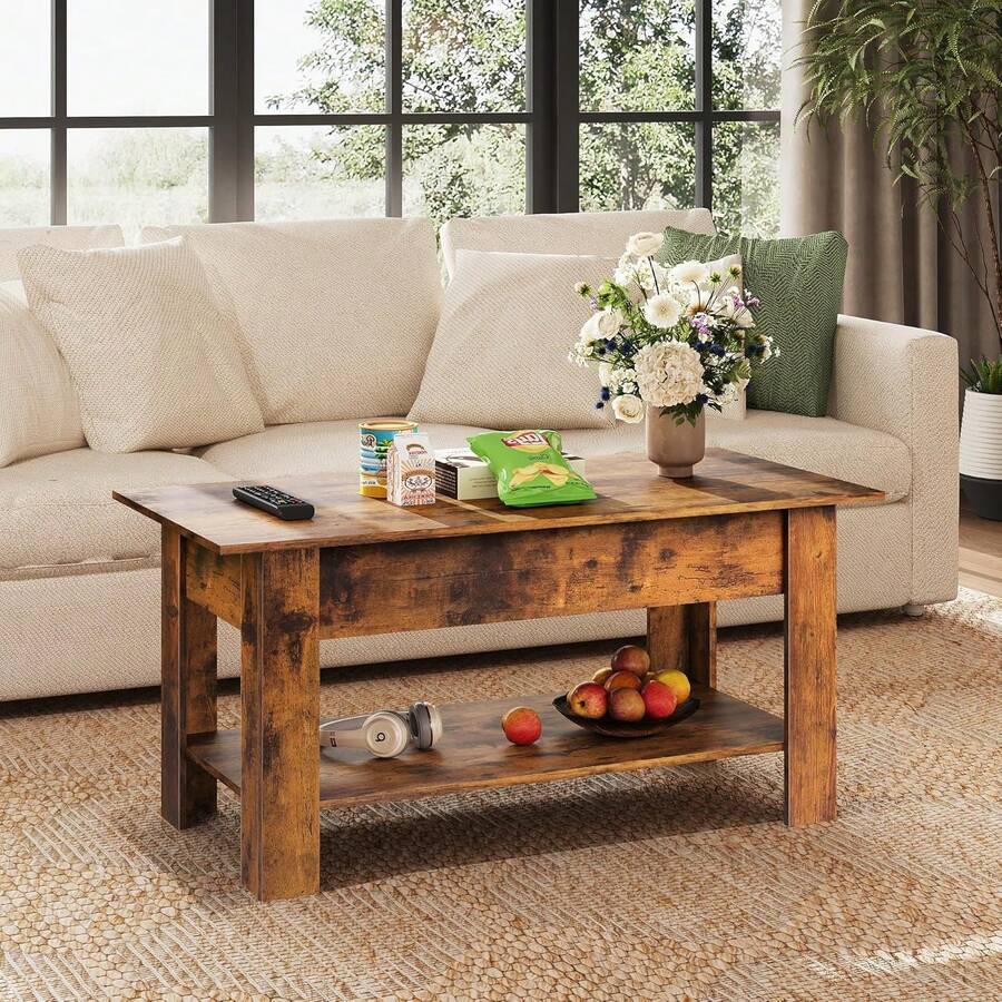 Rustic Style Furniture Table 39" Lift Top Coffee Table With Hidden Compartment Storage Shelf Living Room Center Table Office Reception Room Space-Saving Organizer - 質樸的棕色 - 查看 1
