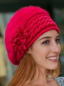 花卉装饰条纹宽松针织帽，纯色针织帽，弹力针织帽，保暖贝雷帽，适合女性日常使用，秋冬情人节 - 彩色 - 查看 19