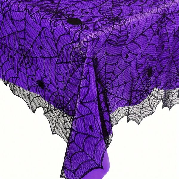 2 Piezas de Manteles de Halloween, Manteles Rectangulares con Encaje Negro y Forro Morado, Manteles con Telaraña para Fiesta de Halloween de Terror, Decoración de Mesa Interior, 54 X 72 Pulgadas (Varios Colores)