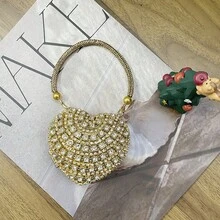 Luxury Mini Diamond Inlay Heart Shape Crystal Clutch Purse Stones Evening Wedding Party Shoulder Bags Handle Rhinestone Handbags ,Wedding - Gold - View 3