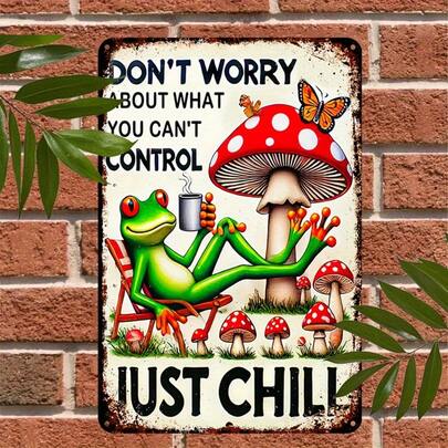 1pc Relaxing Frog & Mushroom Venus Metal Sign - Inspirational For Home, Room, Cafe And Restaurant Metal Wall Art - Iron Poster For Indoor Decor, Unique Holiday Gift, Random Hole Style