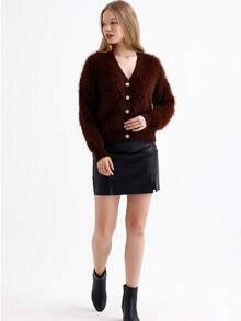 Áo khoác cardigan dáng rộng, đơn hàng khuy, dài tay trơn màu dành cho nữ - màu nâu - Xem 3