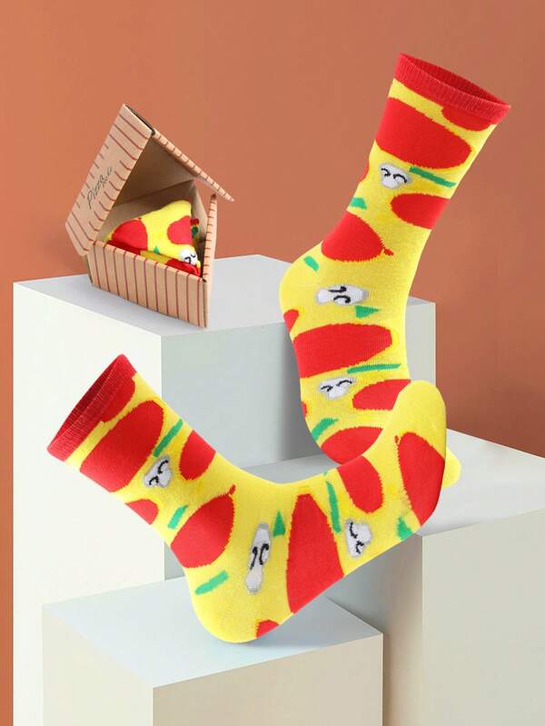 1 par de calcetines únicos e interesantes con diseño de caja de pizza, calcetines de media caña unisex con patrón de rayas de colores, diseño creativo inspirado en comida, estilo de calle fashionable y cómodo, adecuado como regalo de cumpleaños/Acción de Gracias/Halloween/Navidad, accesorio para fiestas/vacaciones, para usar en todas las estaciones durante viajes, al aire libre, en la oficina