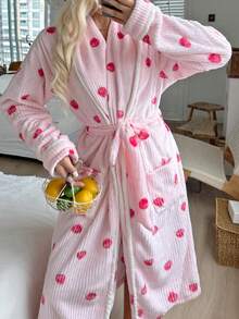 1件女士草莓图案毛绒蓬松睡袍，优雅舒适，适合秋冬季节穿着，温暖舒适。 - 粉色 - 查看 3