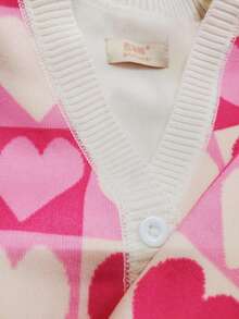enmi bear Girls' Casual Heart And Plaid Print Cozy Knitted Cardigan, With Thermal Lined For Autumn/Winter, Toddler And Little Young Girl - Pink - View 11