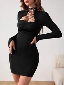 Socialite Style Sexy Slim Fit Hollow Out Strap Long Sleeved Dress For Women