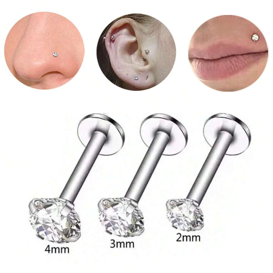 3/9 件 16G 时尚不锈钢唇钉穿孔珠宝水晶 CZ 梦露鼻唇钉耳轮耳屏耳蜗软骨耳环 6/8/10 毫米 - 3pcs - 查看 1