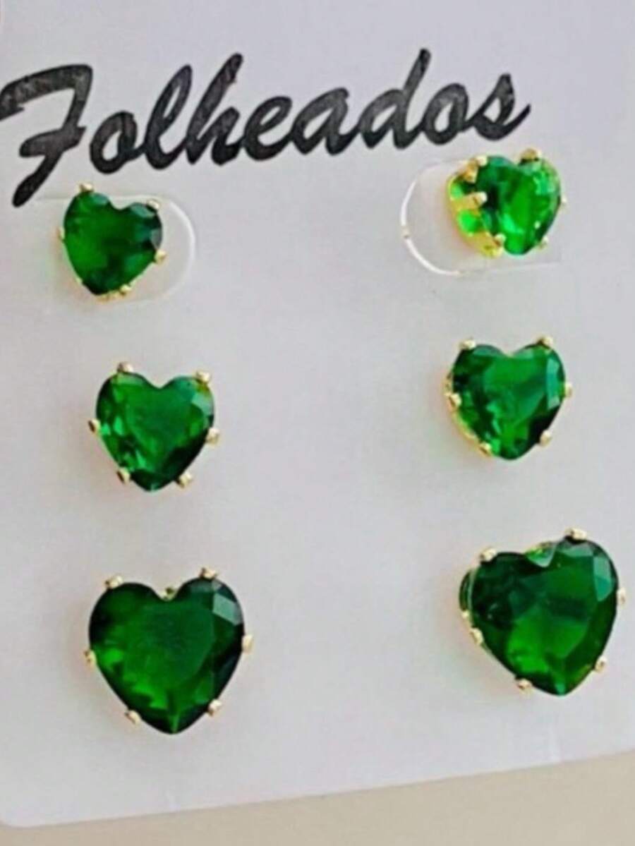 Women's Earring Trio Kit With 3 Pairs Of Stones In Various Colors And Zirconias - Dark Green - View 1