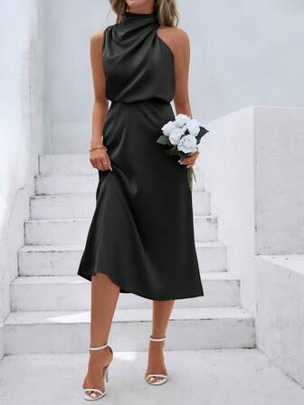 Bestselling European & American Style Women's Satin Sleeveless Mid-Length Dress, Elegant Versatile Design Evening Gown