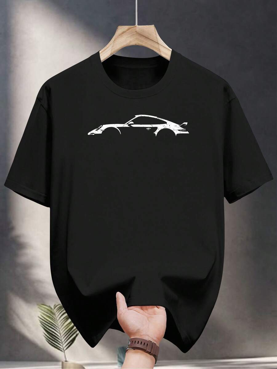 Camiseta casual de verano para hombre, de manga corta, con estampado de coche, cuello redondo negro, talla para adulto, lavable a máquina. - Negro - Ver 1