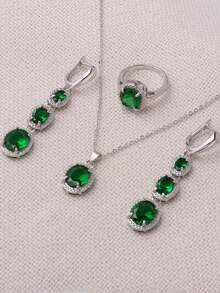 Bộ 4 vòng cổ, hoa tai và nhẫn hình bầu dục màu xanh lá cây ombre - 1 đôi hoa tai, 1 vòng cổ, 1 nhẫn, bộ trang sức hình bầu dục chuyển màu, 3 tùy chọn màu - Xem 7