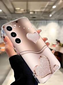 1pc Glitter Diamond Heart Transparent Soft Phone Case, Compatible With Samsung Galaxy A04e/12/A13/A14/A34/A50/A52/A53/A54/S21/S22/S23/S24/S25/S25Ultra, Flat Print Pattern, Not Moissanite