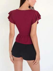 Women's Y2k Studded Tank Tops Solid Color Flying Sleeve Deep V Neck Ruffle Hem Slim Fit Vest Crop Tops Summer Cute Going Out Tops Shirts Party Club Streetwear - Burgundy - View 2