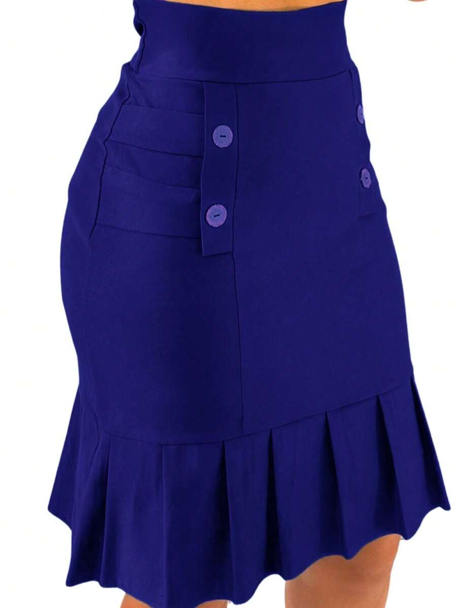 Women's Bengaline Skirt With Buttons And Ruffle Detail - Màu xanh hải quân - Xem 1