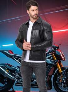 Men's Sports PU Leather Jacket, Zipper Pockets, Lapel Collar Top Outerwear, Couple Style Racing Motorcycle Casual